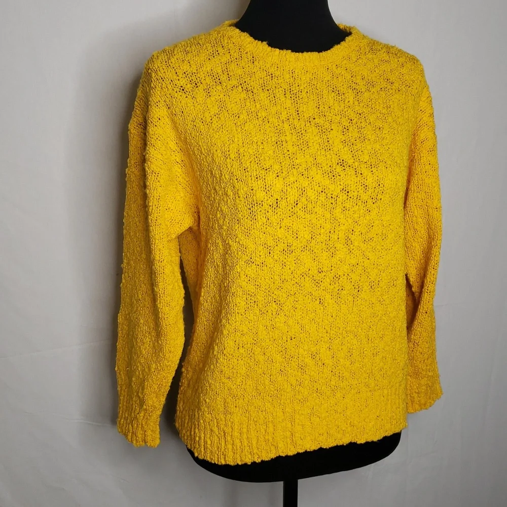Vintage YarnWorks Womens Bubble Knit Sweater Size L Yellow 90s Preppy Classic